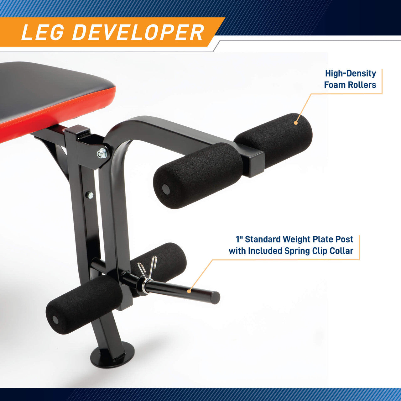 Marcy Pro Standard Weight Bench with 100 lb Weight Set  PM-2084 - Infographic - Leg Developer