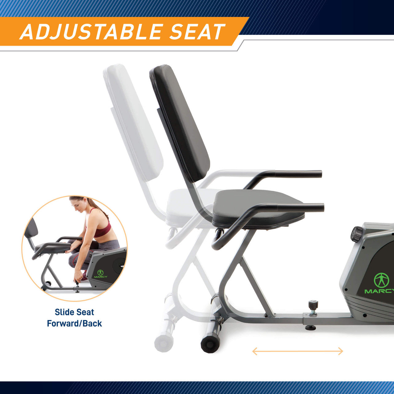 Marcy Recumbent Exercise Bike Adjustable Magnetic Resistance  NS-1206R - Infographic - Adjustable Seat