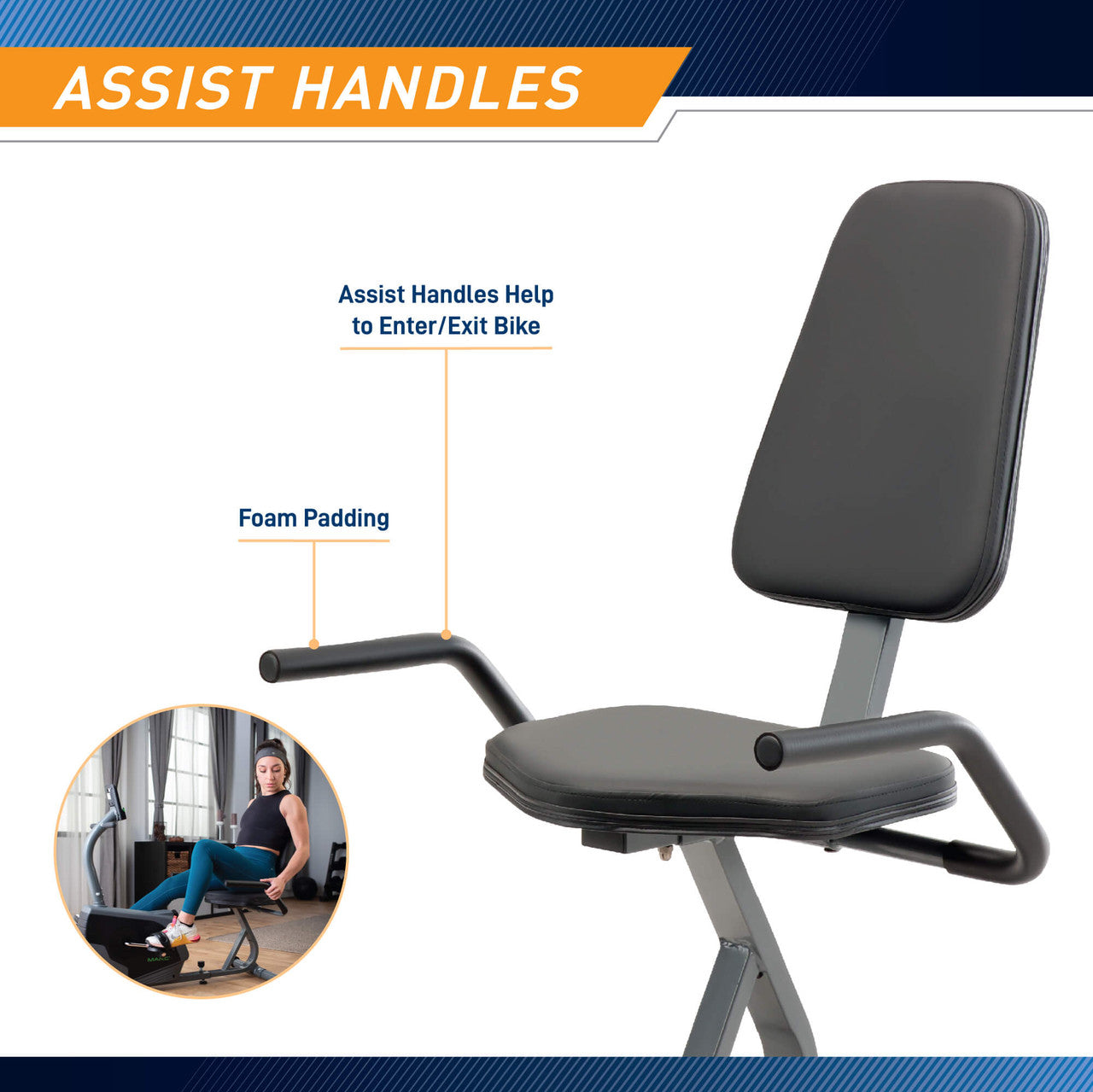Marcy Recumbent Exercise Bike Adjustable Magnetic Resistance  NS-1206R - Infographic - Assist Handles