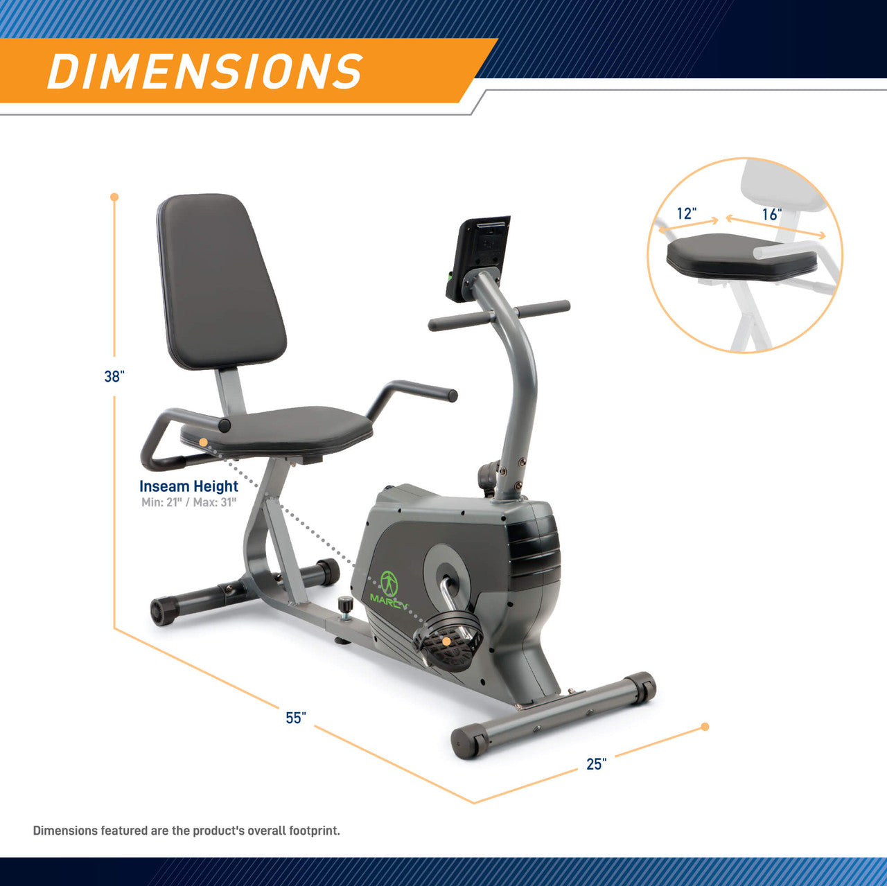 Marcy Recumbent Exercise Bike Adjustable Magnetic Resistance  NS-1206R - Infographic - Dimensions