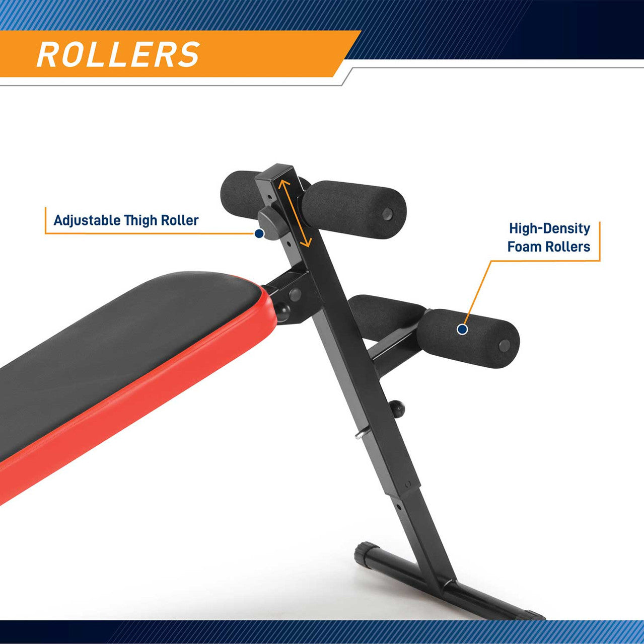 The Marcy SB-4606 Folding Utility Bench w Headrest Slant Board includes adjustable thigh rollers
