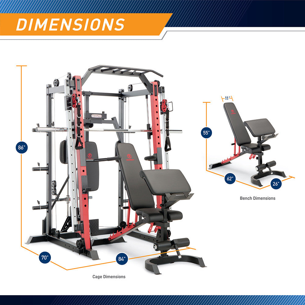 Marcy Smith Machine  Cage System with Pull-Up Bar and Landmine Station  SM-4033 - Dimensions
