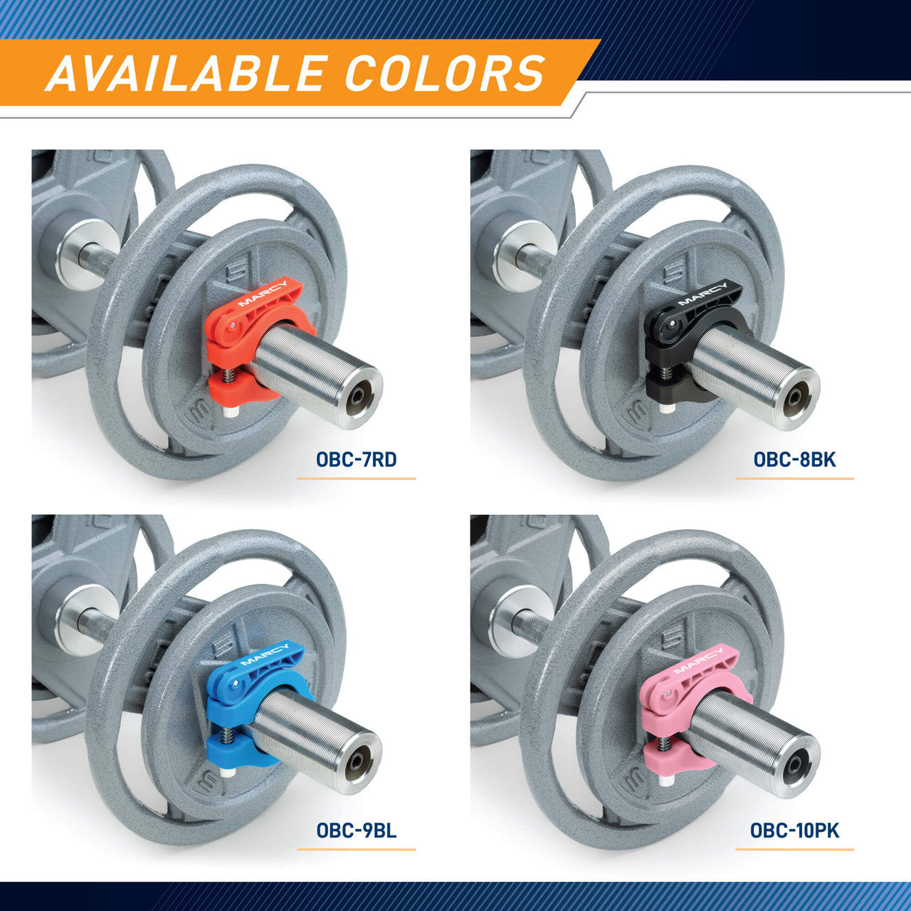 Olympic Barbell Lock Collar Clips to Secure Olympic Weight Plates on an Olympic Bar - OBC-7RD - Marcy - Infographic - Available in Multiple Colors