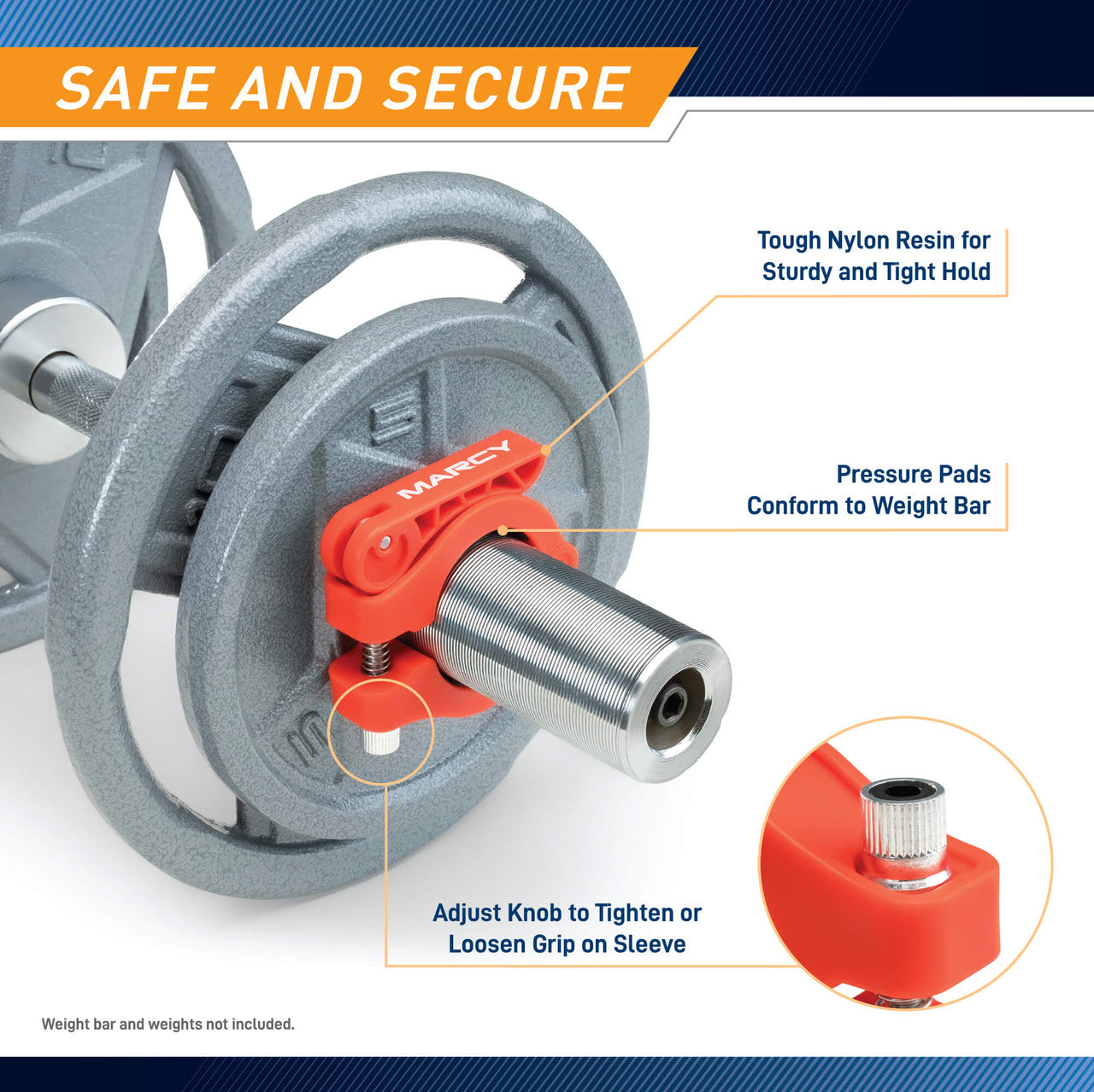 Olympic Barbell Lock Collar Clips to Secure Olympic Weight Plates on an Olympic Bar - OBC-7RD - Marcy - Infographic - Safe and Secure