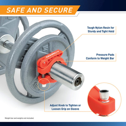 Olympic Barbell Lock Collar Clips to Secure Olympic Weight Plates on an Olympic Bar - OBC-7RD - Marcy - Infographic - Safe and Secure