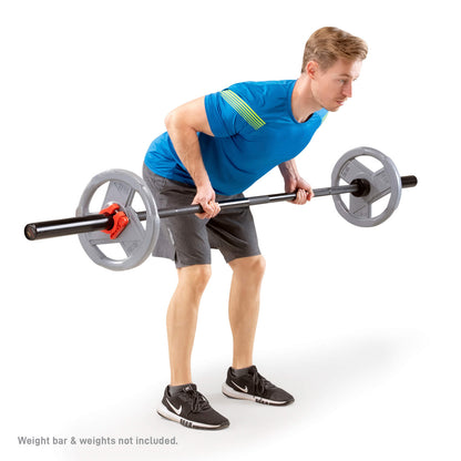 Olympic Barbell Lock Collar Clips to Secure Olympic Weight Plates on an Olympic Bar - OBC-7RD - Marcy - With Model doing Inverted Rows