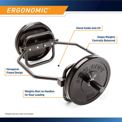 Olympic Hex Trap Bar  Shrug Bar with Raised Handles – Marcy HTB-6976 - Ergonomic Infographic