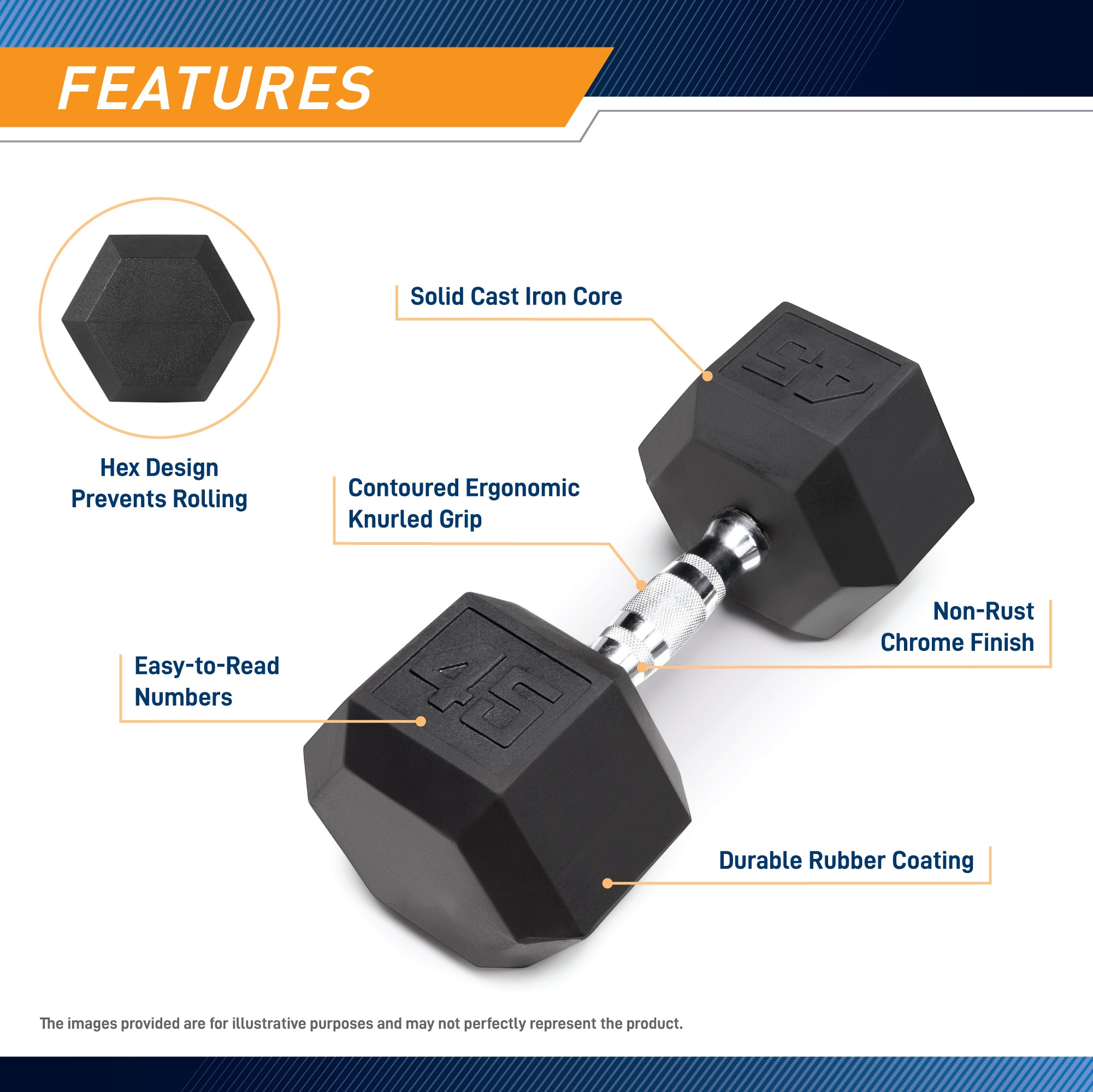 Marcy 45lb Rubber Hex Dumbbell | RHDB-045 Coated Dumbbells