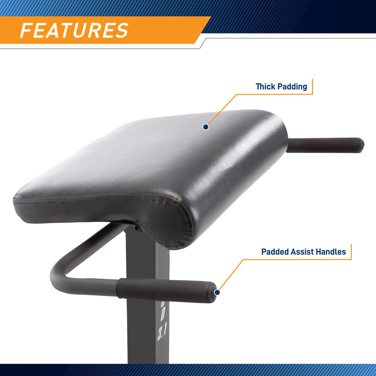Roman Chair, Hyper Extension Bench  Marcy JD-3.1 - Infographic - Padded Assist Handles
