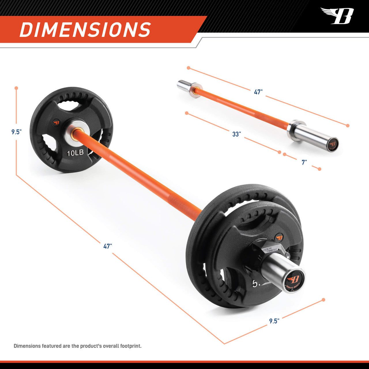Short Olympic Barbell Weight Set 47” w Weight Plates collars BBOB-7645  Bionic Body - DIMENSIONS