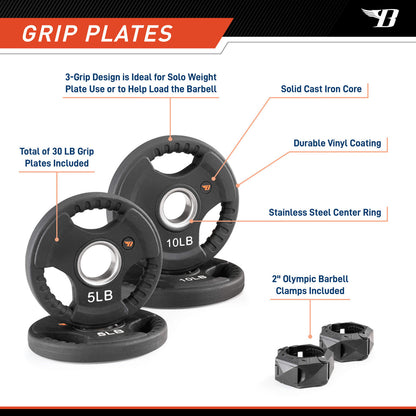 Short Olympic Barbell Weight Set 47” w Weight Plates collars BBOB-7645  Bionic Body - GRIP PLATES
