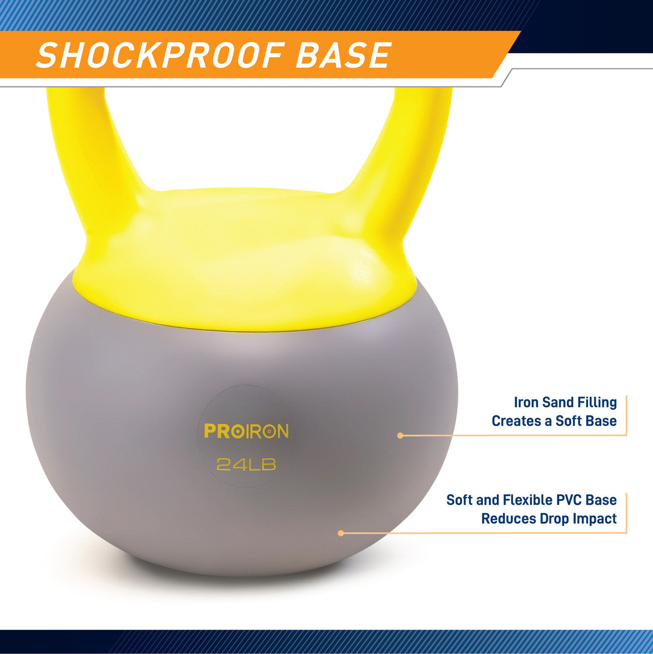 Soft Kettlebell 24lbs filled with Iron Sand, Non-Slip Handle, Kettle Weight for Exercise Workouts PRO-HL24L   ProIron - Infographic - Shockproof Base