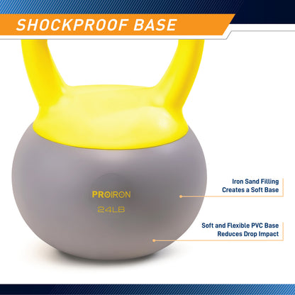 Soft Kettlebell 24lbs filled with Iron Sand, Non-Slip Handle, Kettle Weight for Exercise Workouts PRO-HL24L   ProIron - Infographic - Shockproof Base