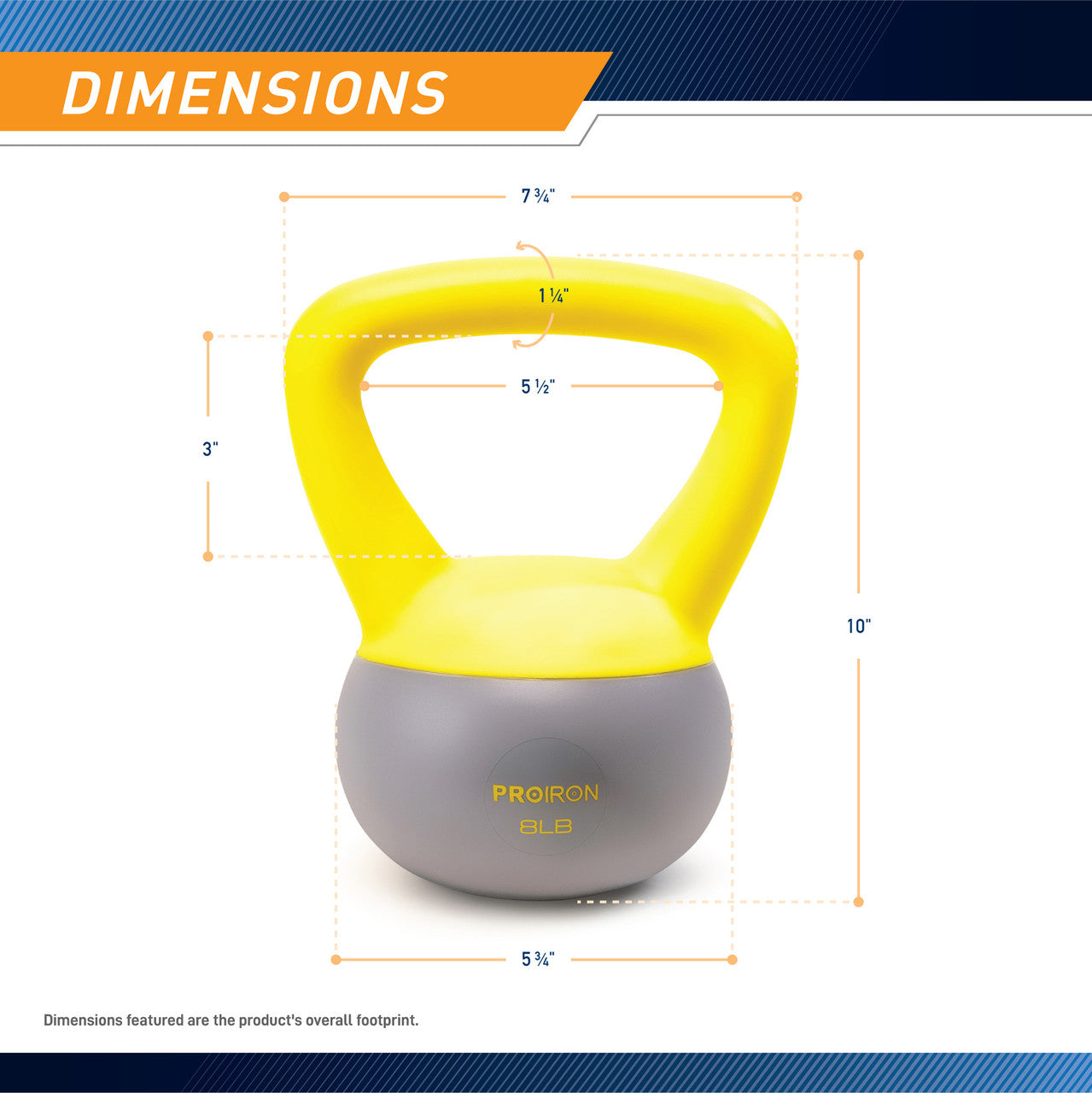 Soft Kettlebell 8lbs filled with Iron Sand, Non-Slip Handle, Kettle Weight for Exercise Workouts PRO-HL08L   ProIron - Infographic - Dimensions