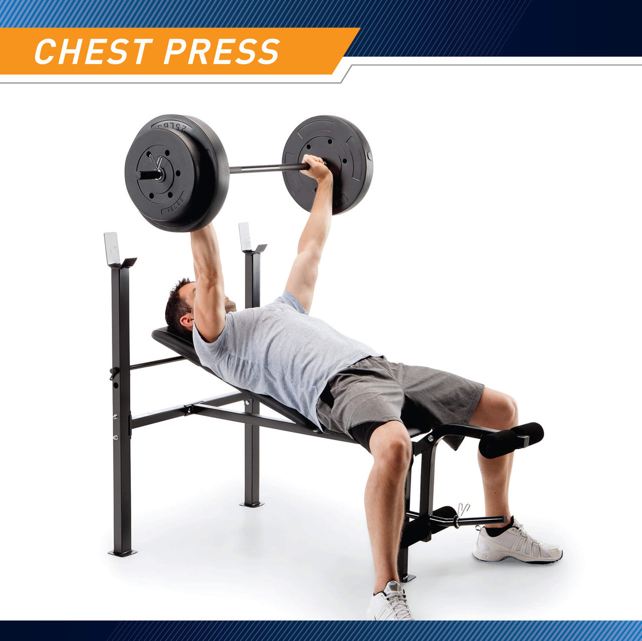 Standard Adjustable Bench with 80 lb. Weight Set  Competitor CB-20111 - Infographic - Chest Press