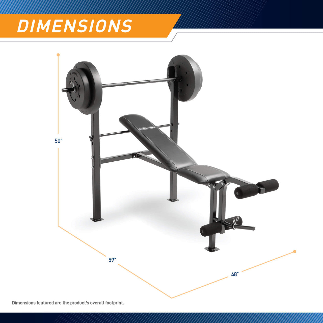 Standard Adjustable Bench with 80 lb. Weight Set  Competitor CB-20111 - Infographic - Dimensions
