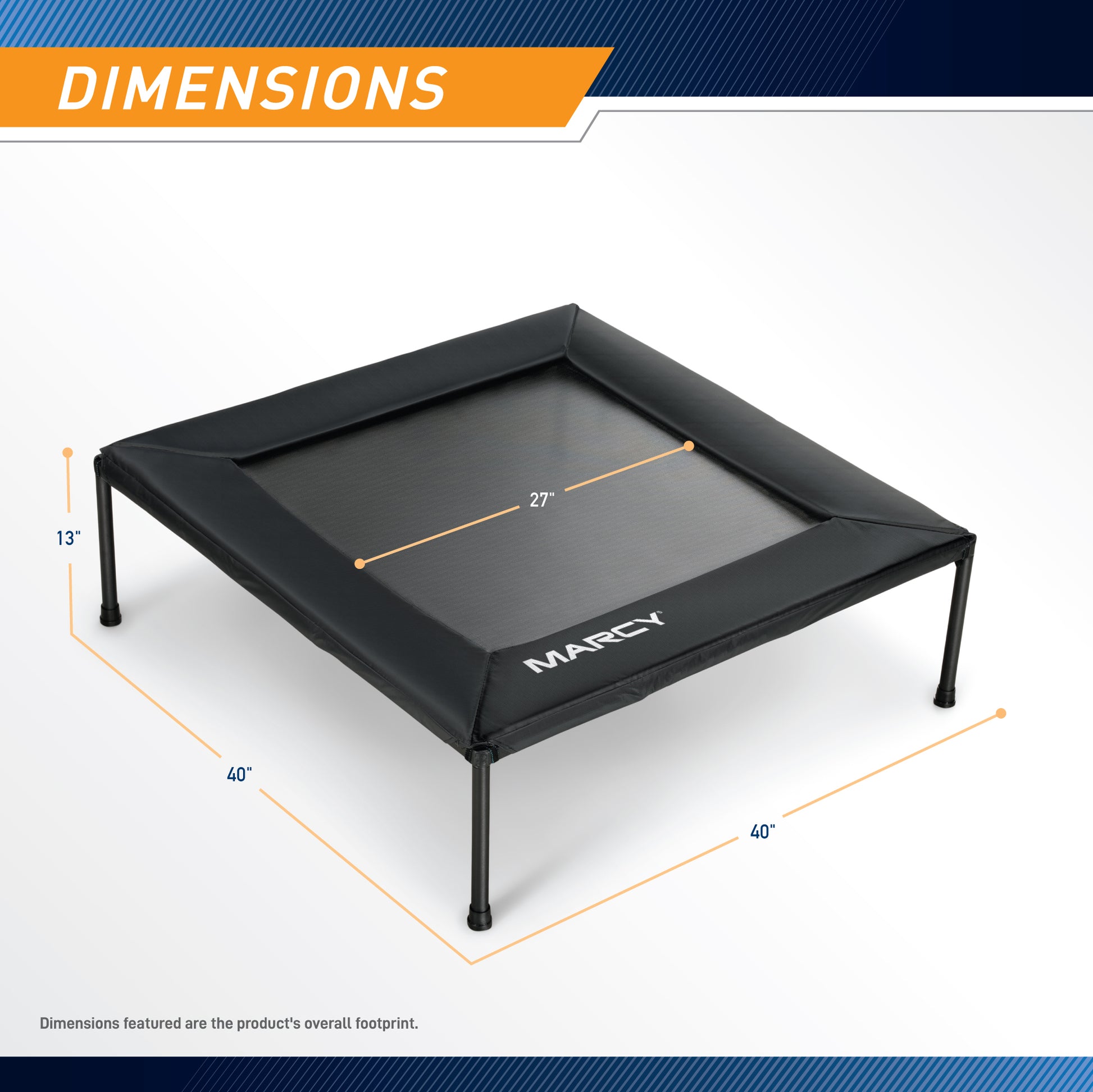 Dimension graphic for a Marcy 40" Square Trampoline. The overall length and width are both labeled 40 inches, and the height is labeled 13 inches. The internal jumping surface width is indicated as 27 inches. A caption reads, "Dimensions featured are the product's overall footprint."