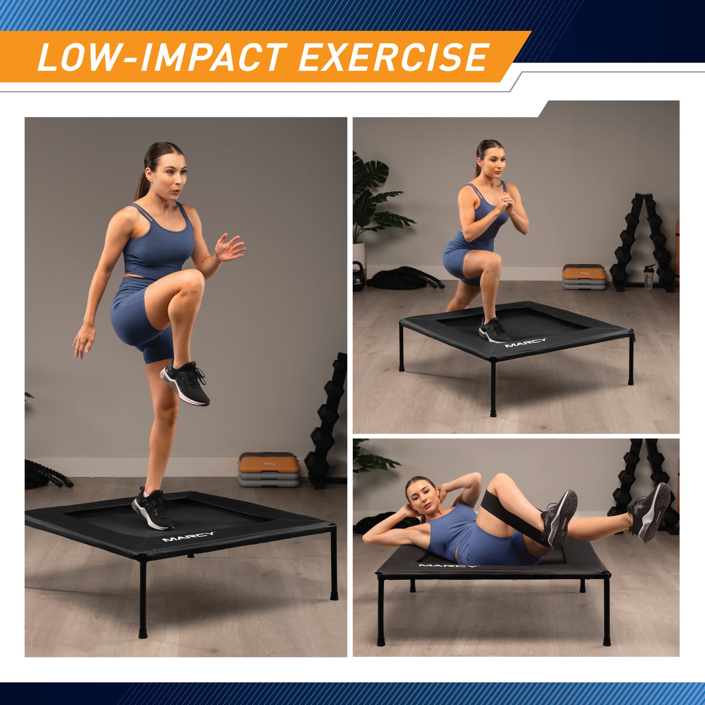 Infographic titled "Low-Impact Exercise" displaying a collage of three workout variations on the Marcy 40" Square Trampoline. On the left, a woman performs high knees in place. On the top right, she performs a lunge with her rear foot elevated on the mat. On the bottom right, she lies on the mat performing bicycle crunches.