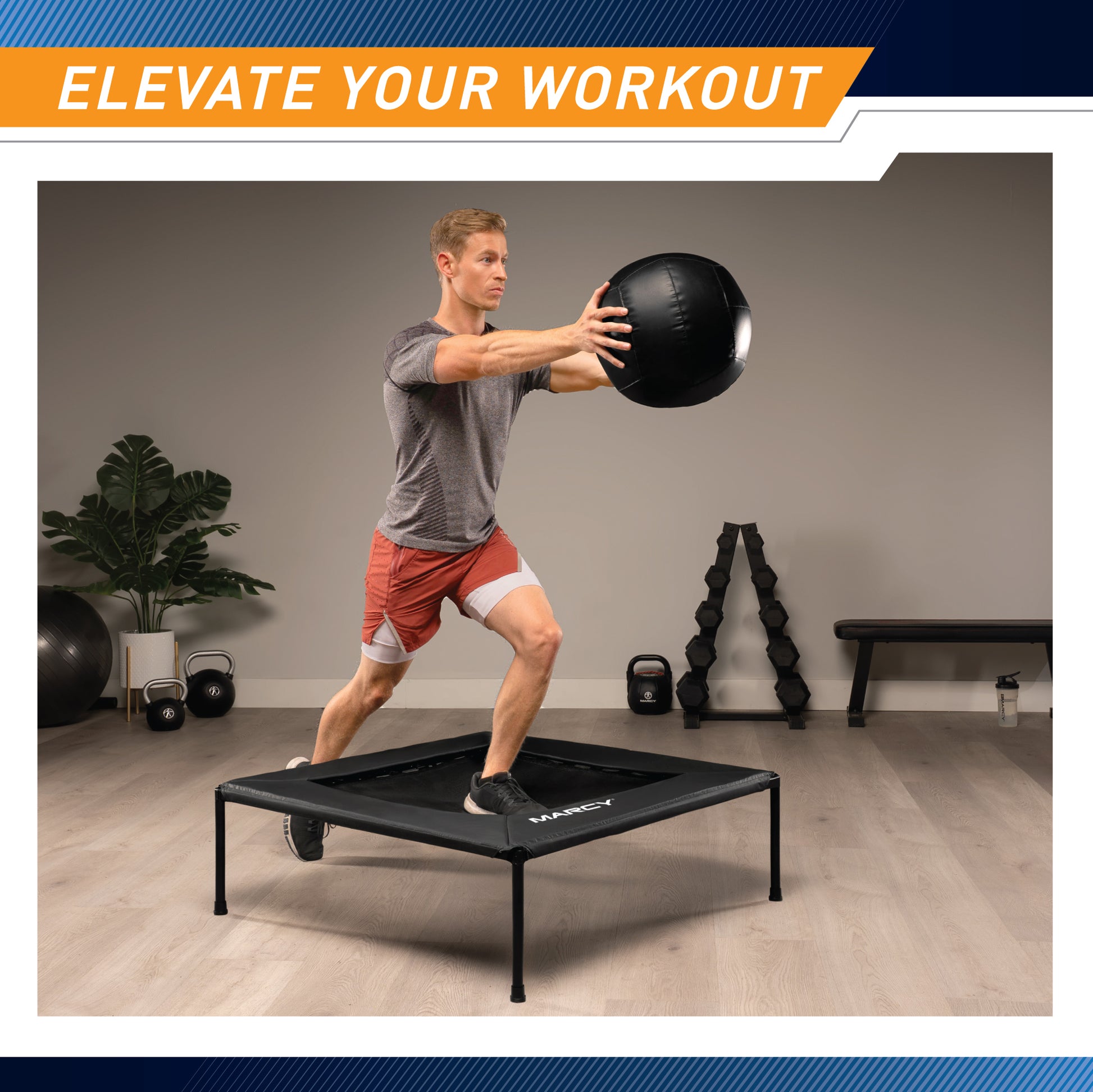 Lifestyle infographic titled "Elevate Your Workout" showing a man performing a dynamic step-up onto the Marcy 40" Square Trampoline while holding a large black medicine ball at chest level. The background features gym equipment, including a dumbbell rack and a flat bench.