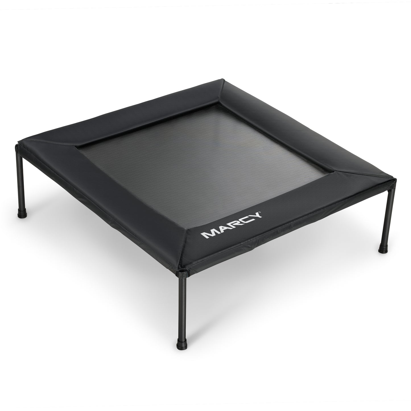 Marcy 40" Square Black Trampoline with a mesh jumping surface and four legs. The perimeter frame is covered by a black safety pad with the Marcy logo printed in white on the front edge.