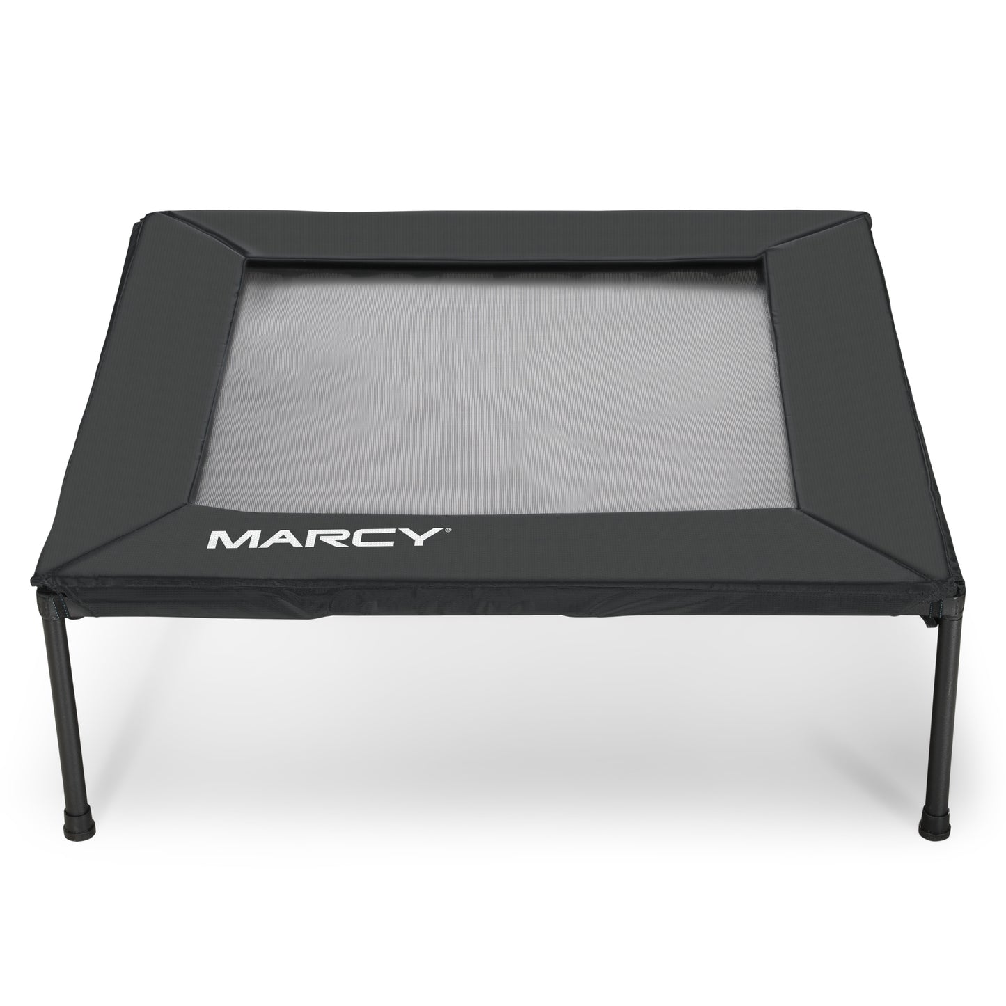 Black trampoline with 'Marcy' branding on a white background
