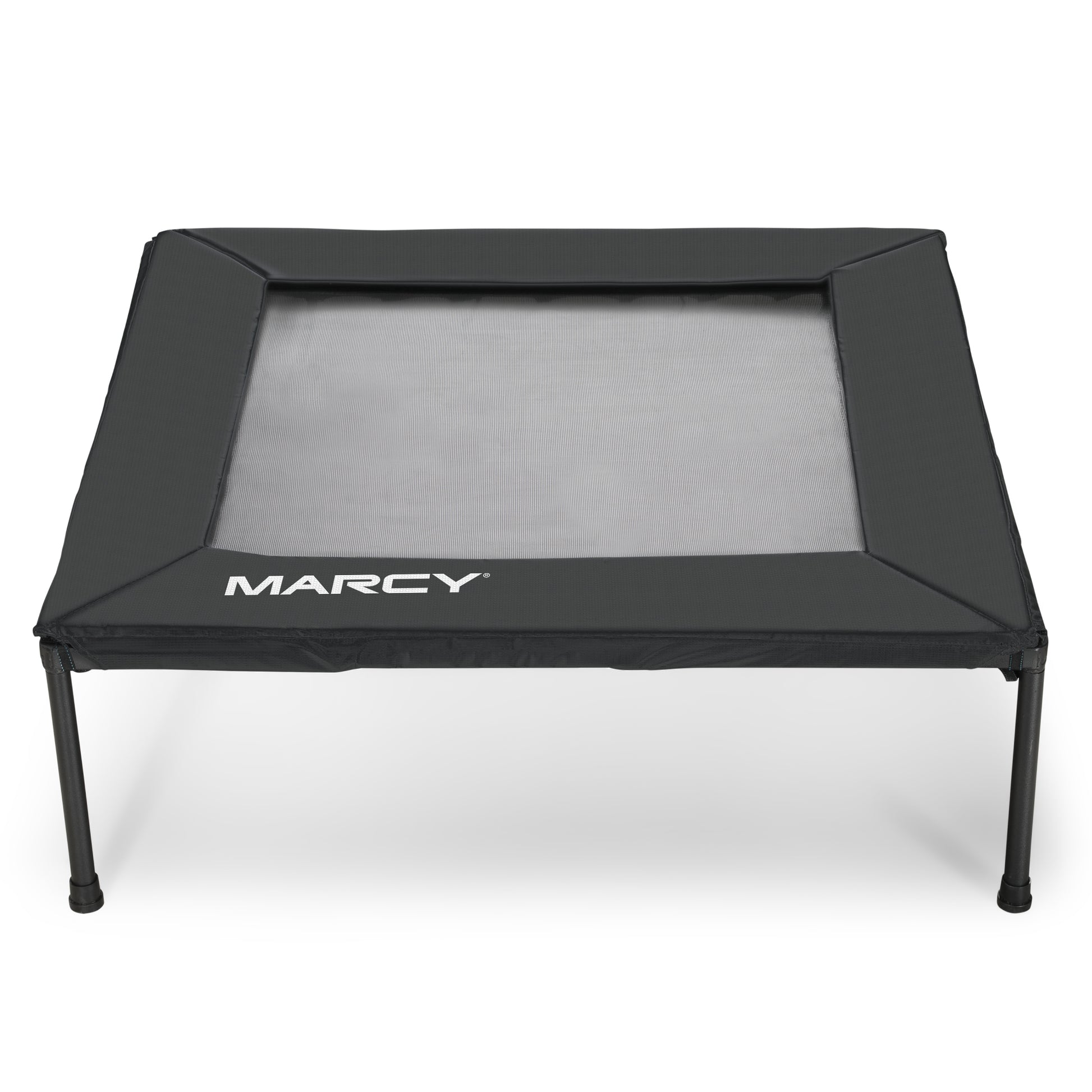 Black trampoline with 'Marcy' branding on a white background