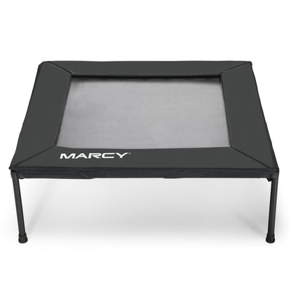 Black trampoline with 'Marcy' branding on a white background