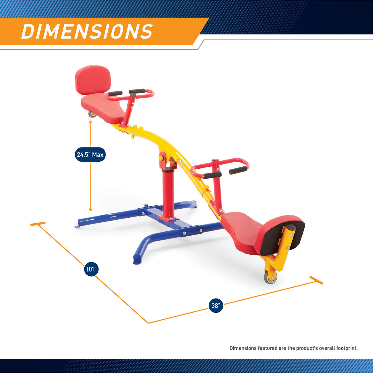 The  Gym Dandy Spinning Teeter Totter TT-360 is 101 inches long and 38 inches wide