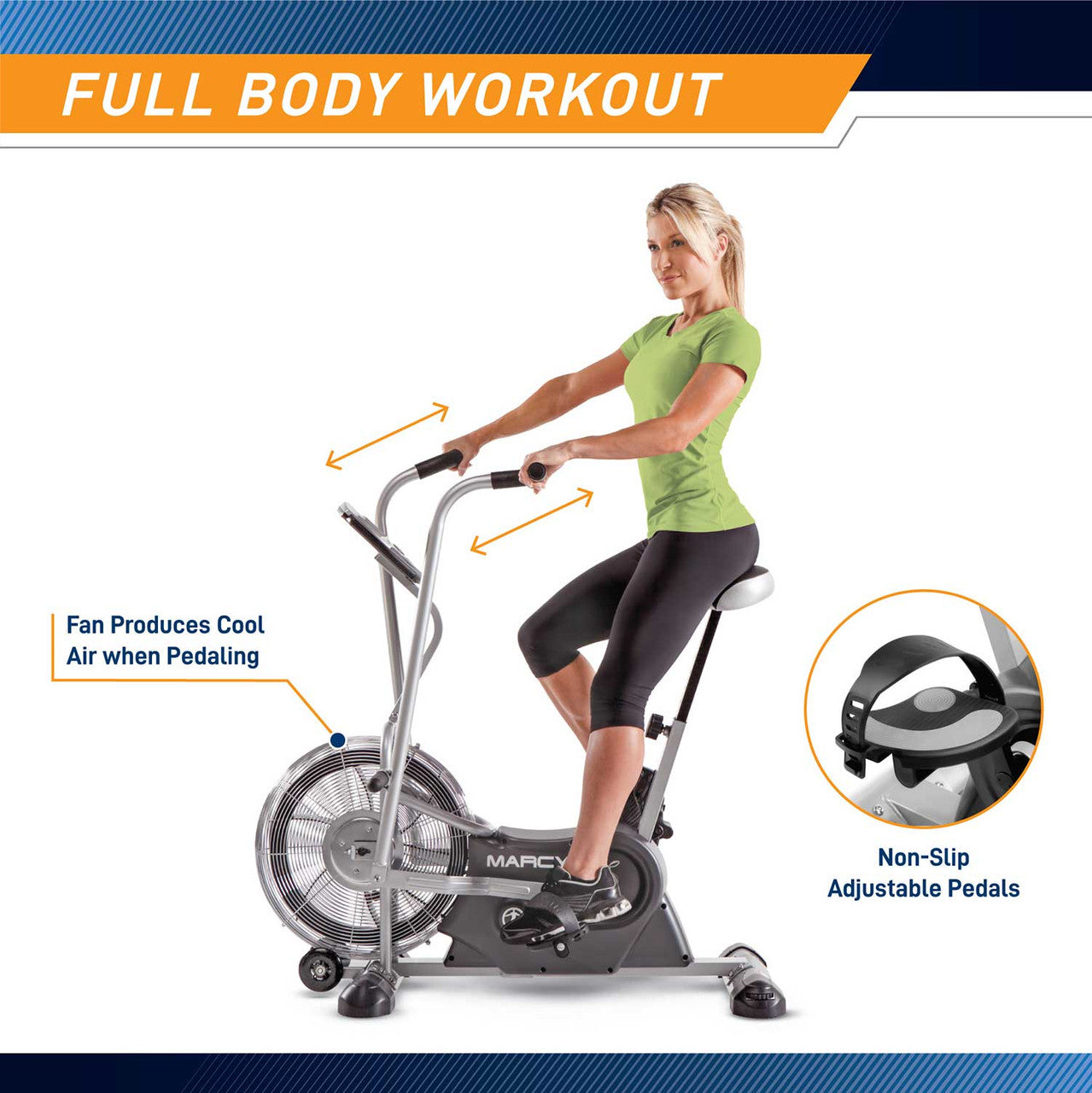 The Marcy AIR-1 Deluxe Fan produces cool air when pedaling 