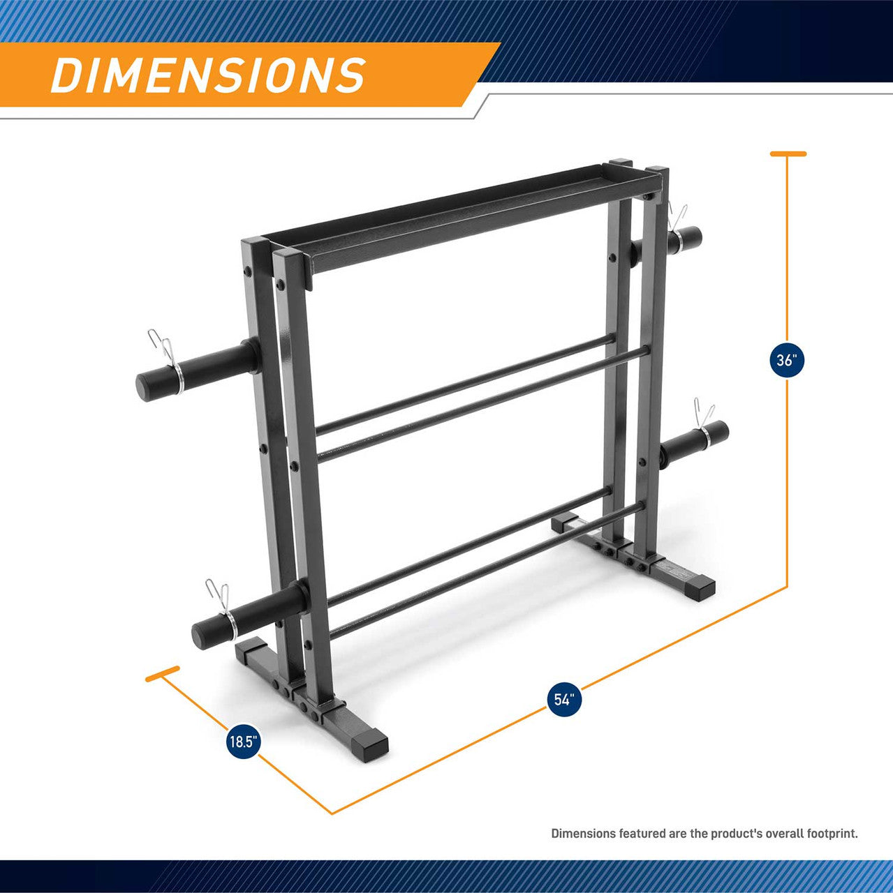 The Marcy Combo Weights Storage Rack DBR-0117 is 36 inches tall, 54 inches long, and 18.5 inches wide 