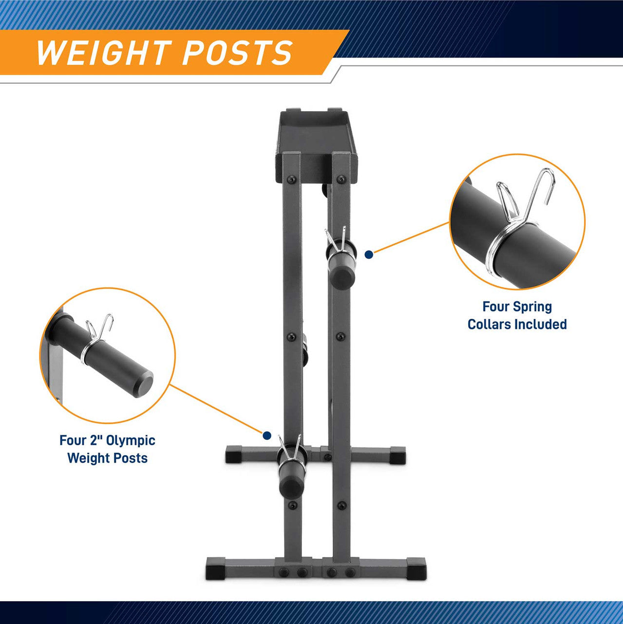 The Marcy Combo Weights Storage Rack DBR-0117 comes with four 2 inch olympic weight posts and four spring collars
