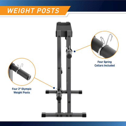 The Marcy Combo Weights Storage Rack DBR-0117 comes with four 2 inch olympic weight posts and four spring collars
