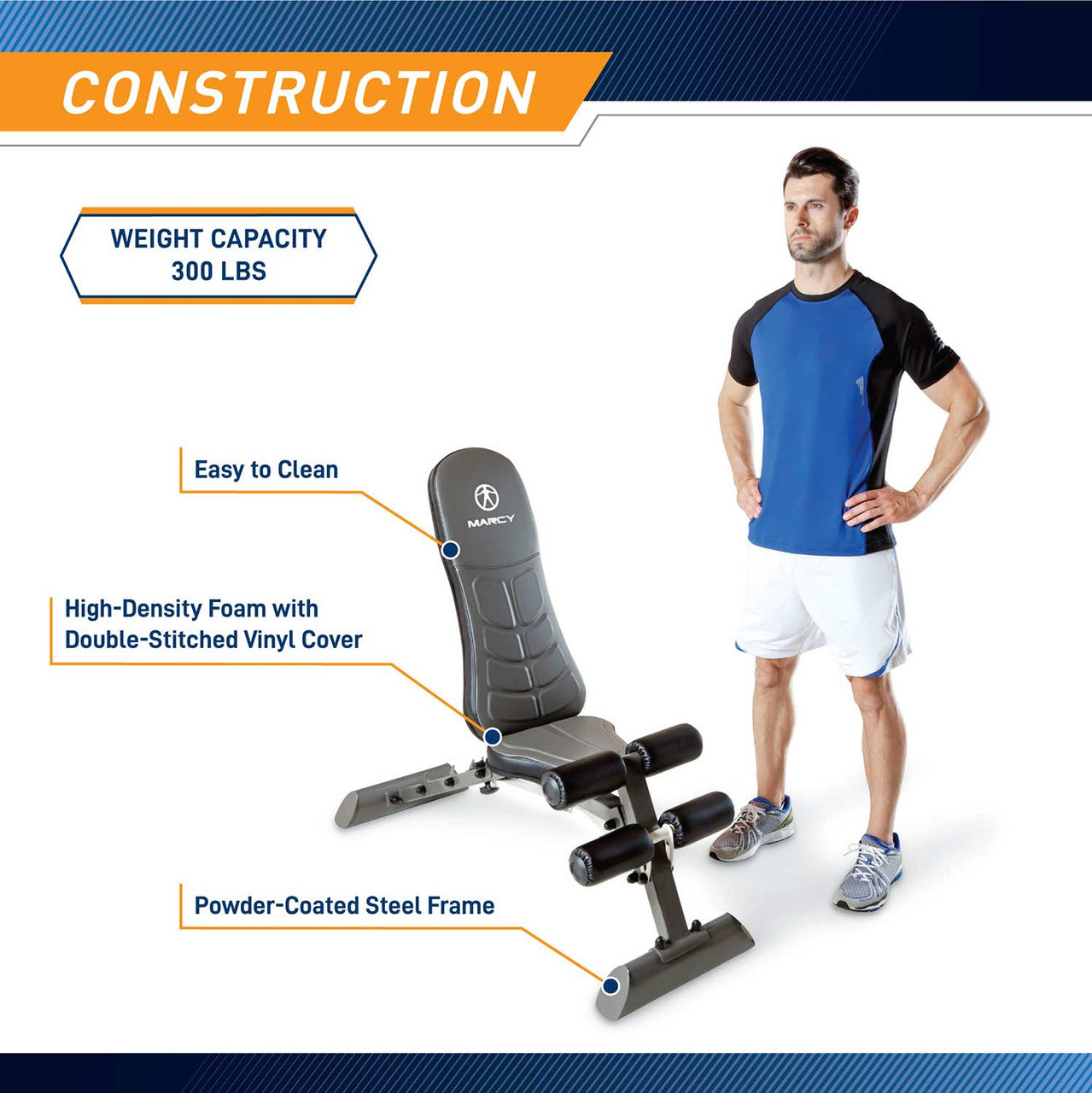 The Marcy Deluxe Utility Bench | SB-10100 is built with a strong steel frame and high density foam for a sturdy built 