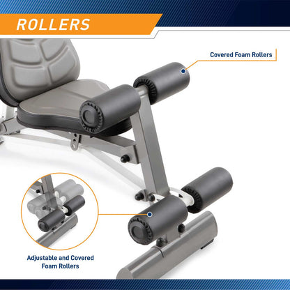 The Marcy Deluxe Utility Bench | SB-10100 by Marcy includes roller pads to stabilize your intense workout