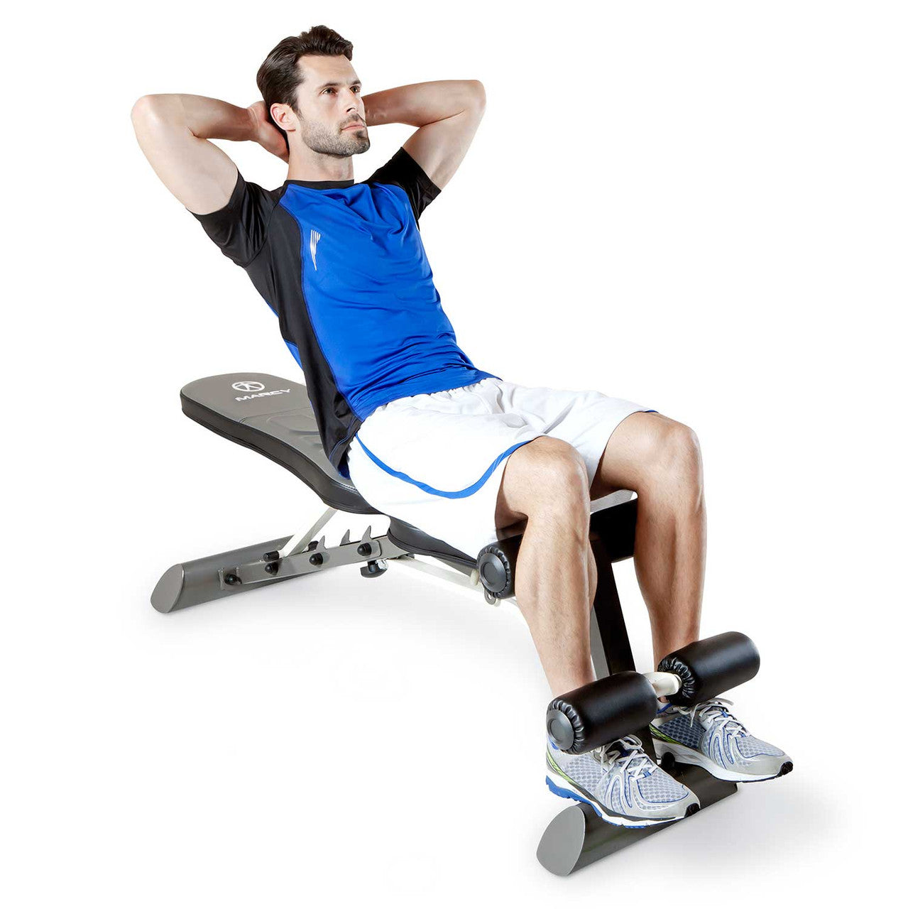The Marcy Deluxe Utility Bench | SB-10100 by Marcy in use with model showing a sit up position