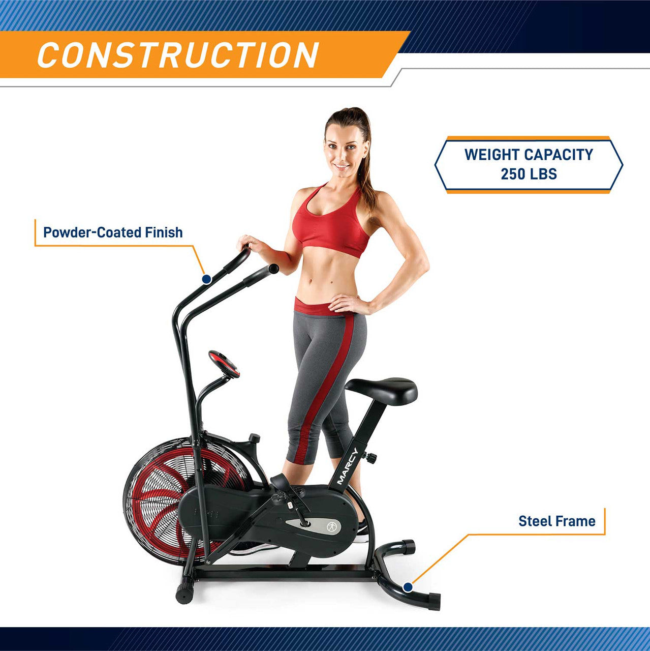 The Marcy Fan Bike NS-1000 is made with a powder-coated finish and a steel frame 