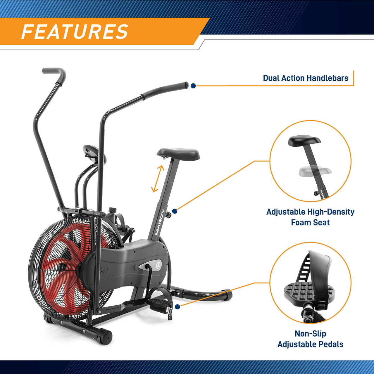 The Marcy Fan Bike NS-1000 has an adjustable seat to fit any user
