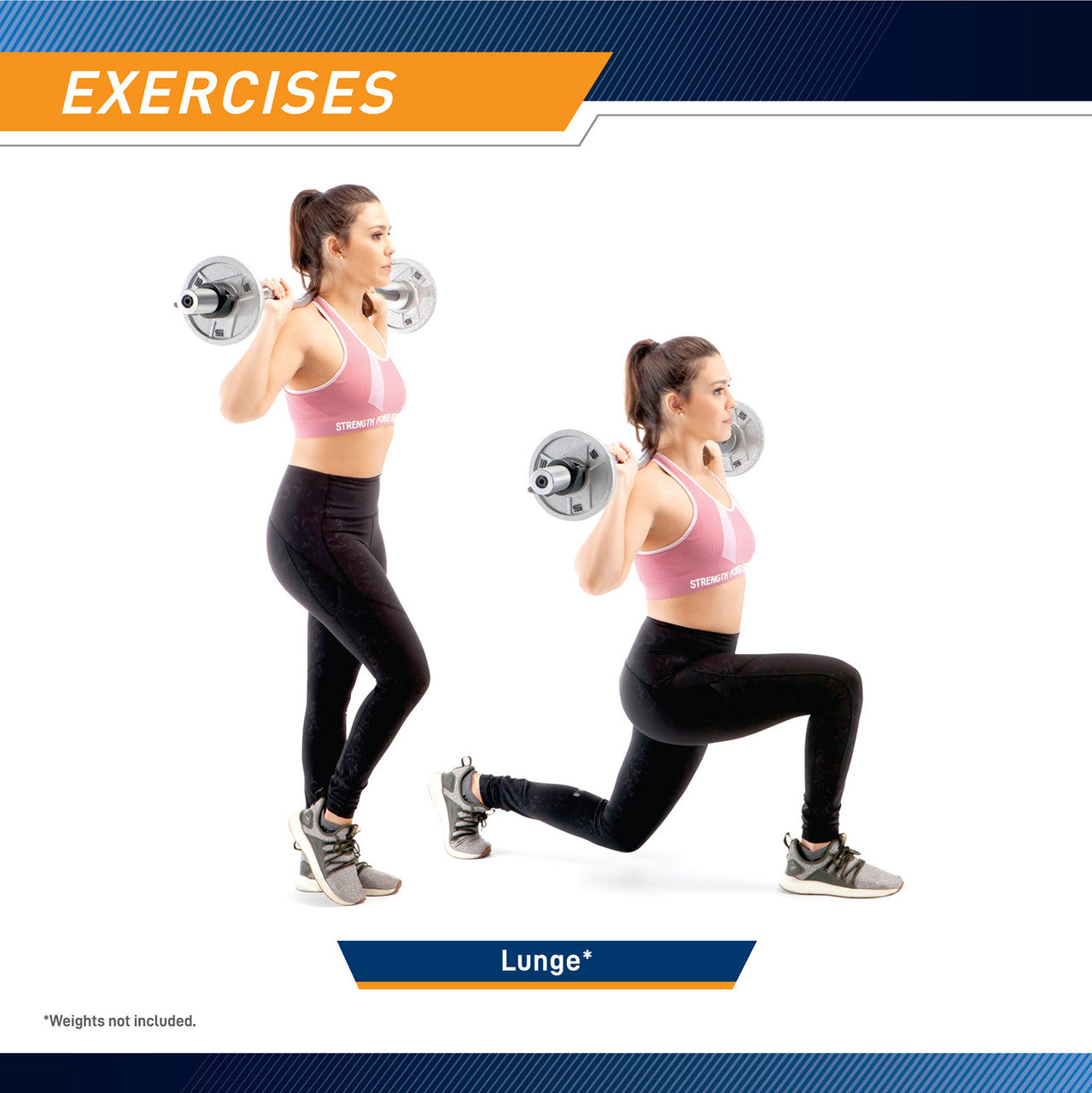 The Marcy Solid Steel Olympic Curl Bar & Chrome-Plated Weight Bar SOC-49 can be used for lunges to work out glutes, ham strings, and quadriceps 