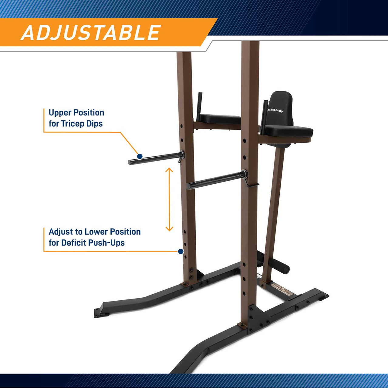 The Power Tower SteelBody STB-98501 has adjustable bars for tricep dips and push ups  for a full body workout 