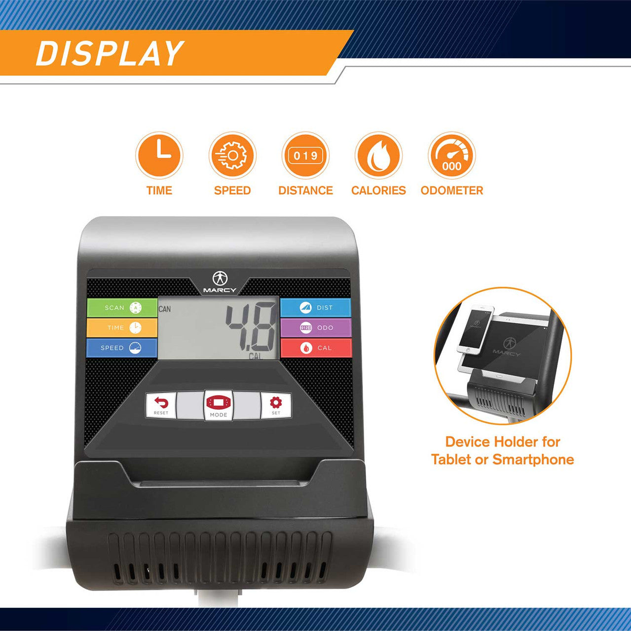 The Recumbent Bike NS-40502R by Marcy display monitor can calculate your time, speed, distance, and calories burned while using the bike 