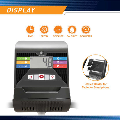 The Recumbent Bike NS-40502R by Marcy display monitor can calculate your time, speed, distance, and calories burned while using the bike 