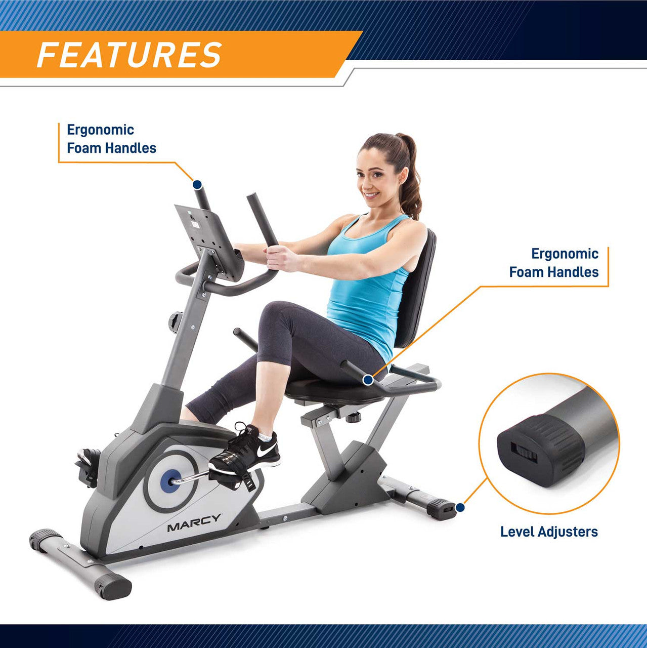 The Recumbent Bike NS-40502R by Marcy has ergonomic handles for comfortable grip