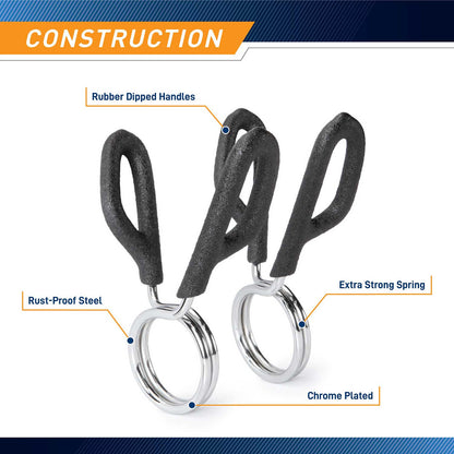 The Standard Bar Spring Clip Collars RBC-2 is made with rust-proof steel,  rubber dipped handles, and a strong spring. 