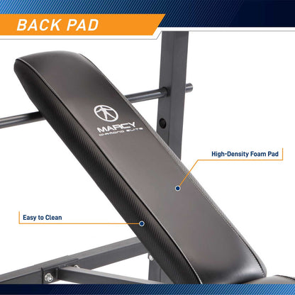 The Standard Bench with 100lb Weight Set Marcy Diamond Elite MD-2082W has thick padding to bring you comfort during your intense workouts
