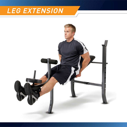 The Standard Bench with 100lb Weight Set Marcy Diamond Elite MD-2082W in use - leg extensions