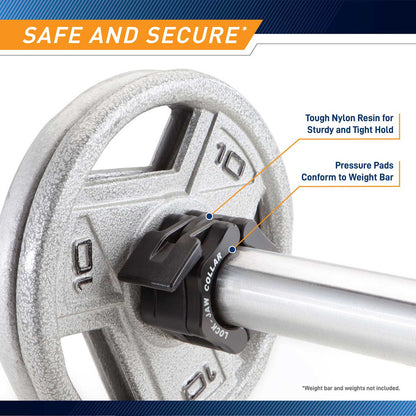 The SteelBody OBC-5 Lock Jaw Collars safely secure your weight plates on your Olympic bar