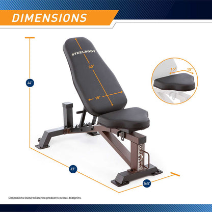 The Steelbody Utility Bench STB-10105 is 44 inches tall1 47 inches long, and 26.5 inches wide 