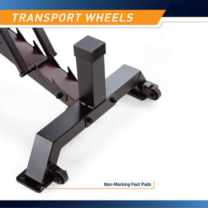The Steelbody Utility Bench STB-10105 includes a transport wheels for easy moving