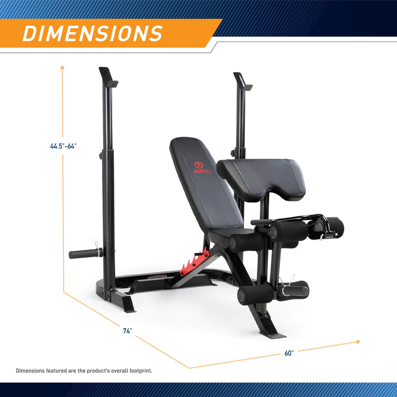 Two-Piece Olympic Weight Bench and Squat Bar Catch Marcy MD-7836 - Infographic - Dimensions