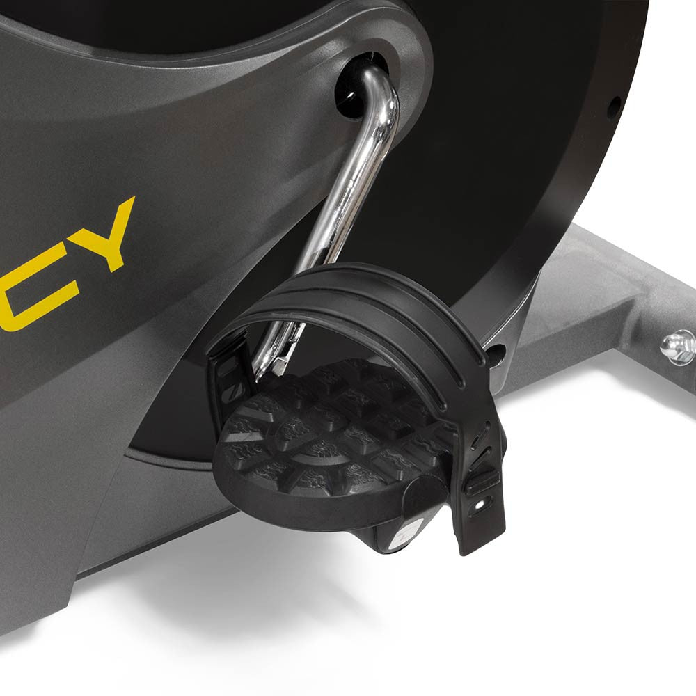 The Upright Magnetic Bike NS-714U by Marcy has gripped looped pedals for added safety
